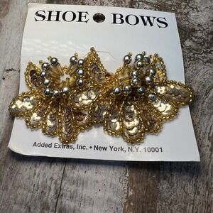 Vintage Gold Beaded Shoe Clips Sequin Floral Bow Glamcore 80s Formal